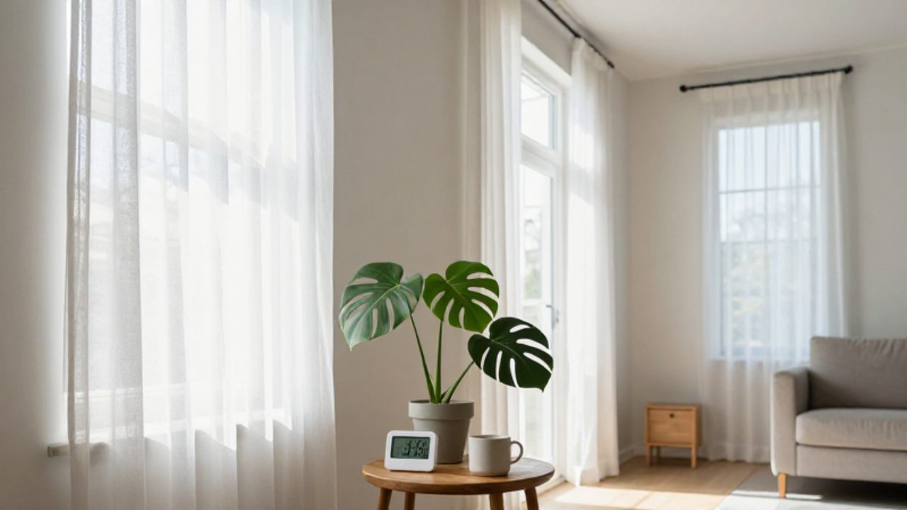 Ein helles, modernes Wohnzimmer mit weit geöffneten Fenstern zur Querlüftung, auf einem Beistelltisch im Vordergrund steht ein digitales Hygrometer neben einer grünen Monstera-Pflanze.