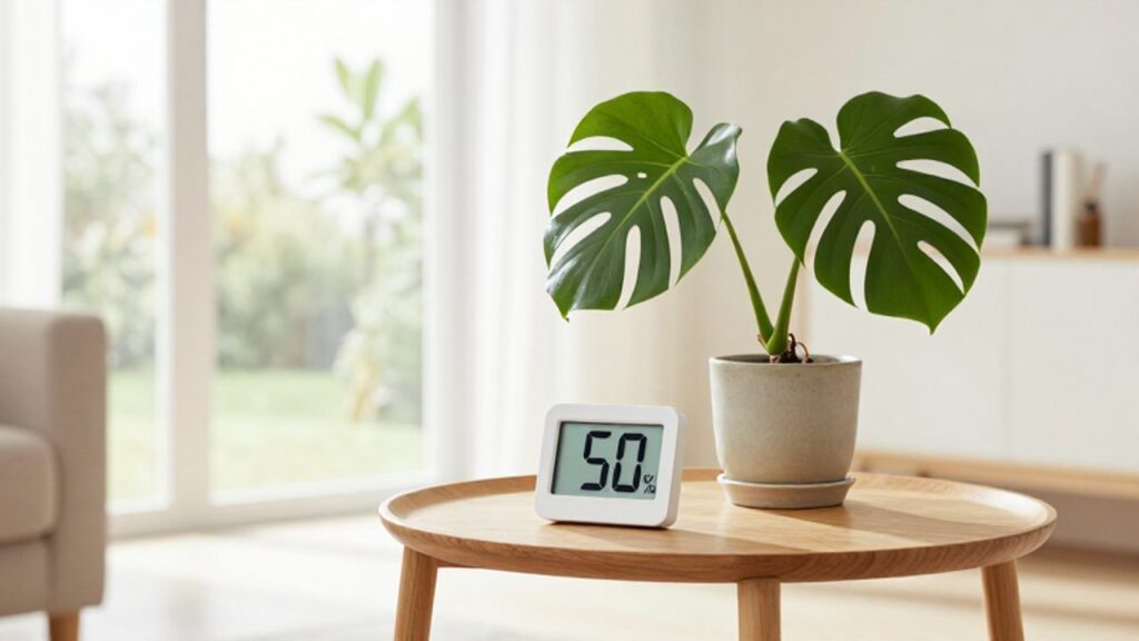 Ein digitales Hygrometer zeigt eine Luftfeuchtigkeit von 50 Prozent in einem hellen Wohnzimmer neben einer grünen Monstera-Pflanze vor einem weit geöffneten Fenster.