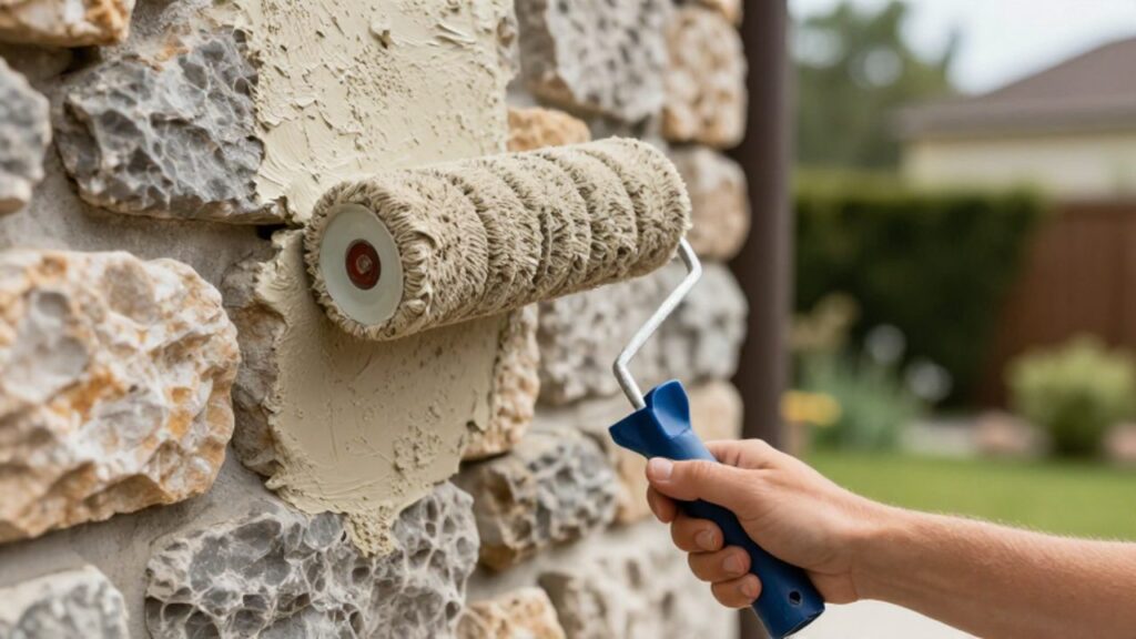 Eine Person trägt mit einer Farbrolle hellbeige Fassadenfarbe auf eine rustikale Natursteinwand im Außenbereich auf.