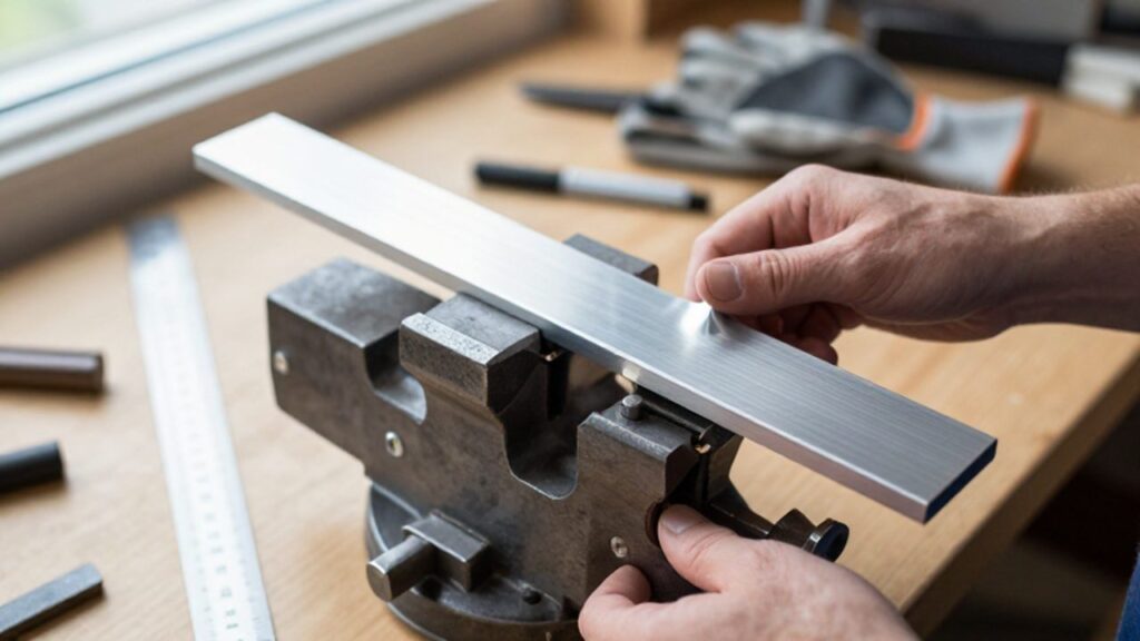 Hände biegen einen Aluminiumstreifen in einem Schraubstock auf einer Werkbank in einer Werkstatt.