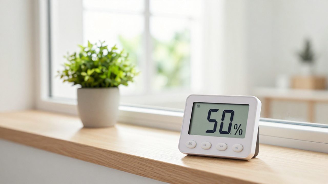 Ein digitales Hygrometer zeigt eine Luftfeuchtigkeit von 50 % auf einem Fensterbrett in einem hellen, gut belüfteten Wohnzimmer neben einer kleinen Zimmerpflanze.