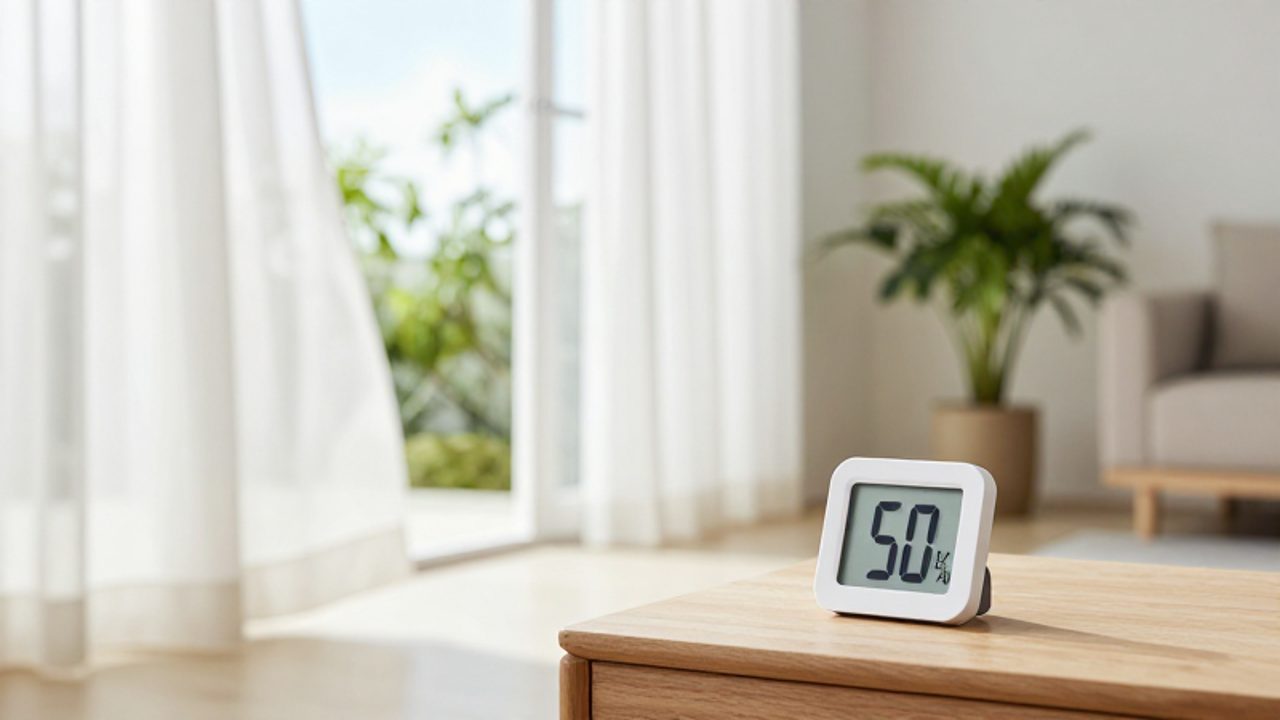 Ein weit geöffnetes Fenster in einem hellen, modernen Wohnzimmer lässt frische Luft herein, während im Vordergrund ein digitales Hygrometer auf einem Holztisch einen idealen Luftfeuchtigkeitswert anzeigt.