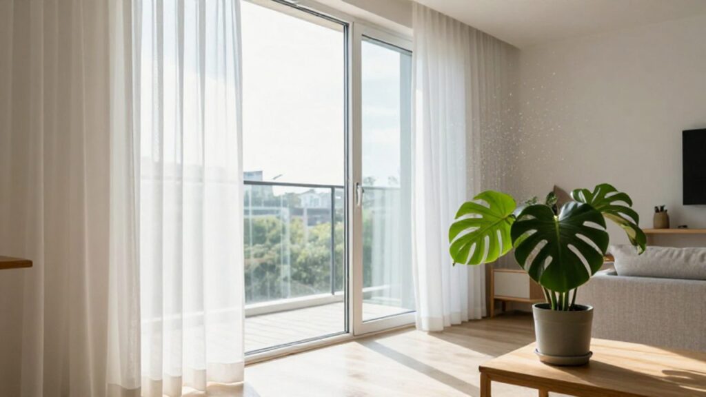 Ein helles, modern eingerichtetes Wohnzimmer mit einem weit geöffneten Fenster, durch das Sonnenlicht in den Raum fällt und eine frische Zimmerpflanze beleuchtet.