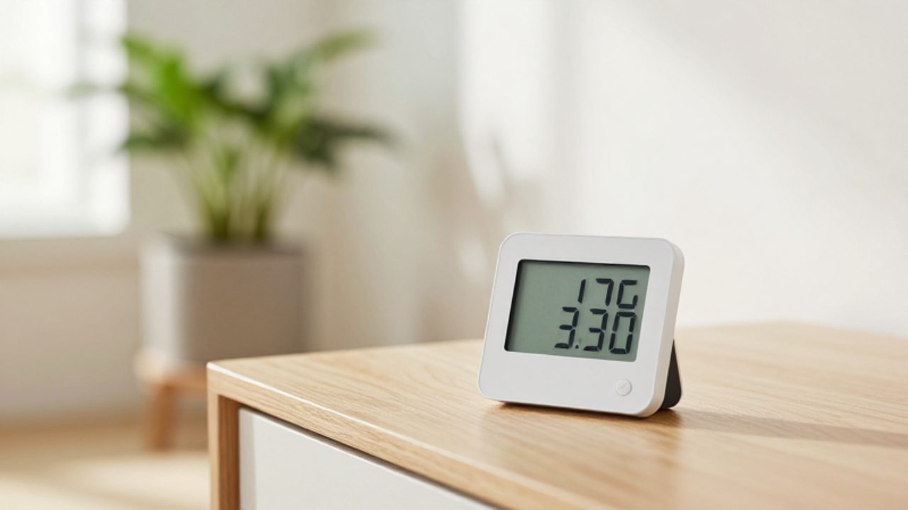 Ein digitales Hygrometer auf einem Holzregal in einem hellen, wohnlichen Raum mit einer Zimmerpflanze im Hintergrund.