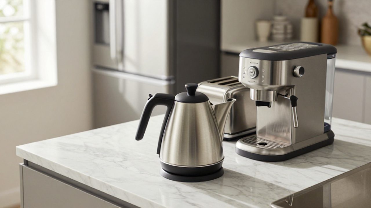 Ein moderner Wasserkocher, Toaster und eine Kaffeemaschine stehen auf einer hellen Küchenarbeitsplatte vor einem im Hintergrund sichtbaren Kühlschrank.