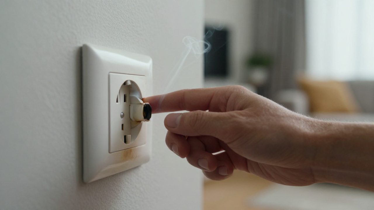 Eine Hand nähert sich vorsichtig einer an der Wand montierten Steckdose, die leichte bräunliche Verfärbungen und eine dünne Rauchfahne aufweist.