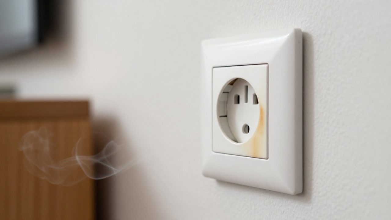 Eine weiß beschädigte Steckdose an einer hellen Wand zeigt bräunliche Verfärbungen und leichten Rauch, was auf eine Überhitzung hindeutet.
