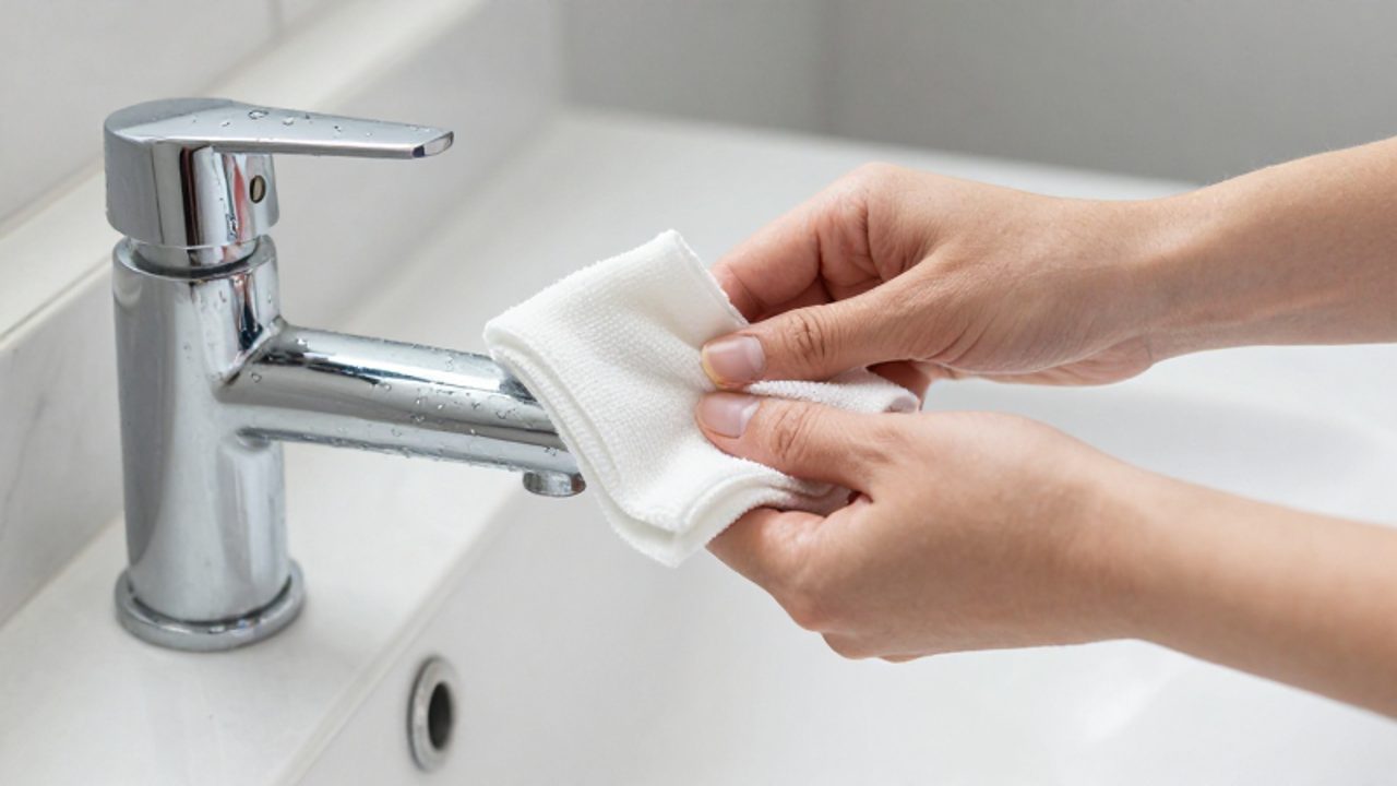 Hände reinigen einen verkrusteten Chromwasserhahn mit einem weißen Mikrofasertuch auf einer Marmoroberfläche.