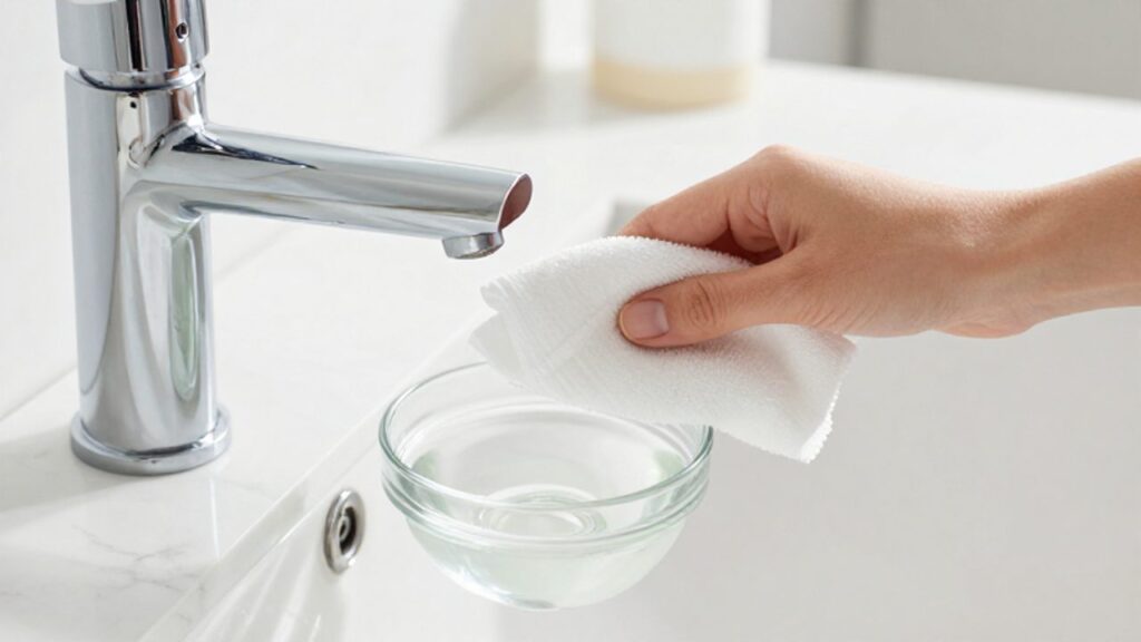 Eine Hand reinigt mit einem weißen Mikrofasertuch einen glänzenden Chromwasserhahn auf einer Marmorarbeitsplatte, während daneben eine Schale mit Zitronensäurelösung bereitsteht.