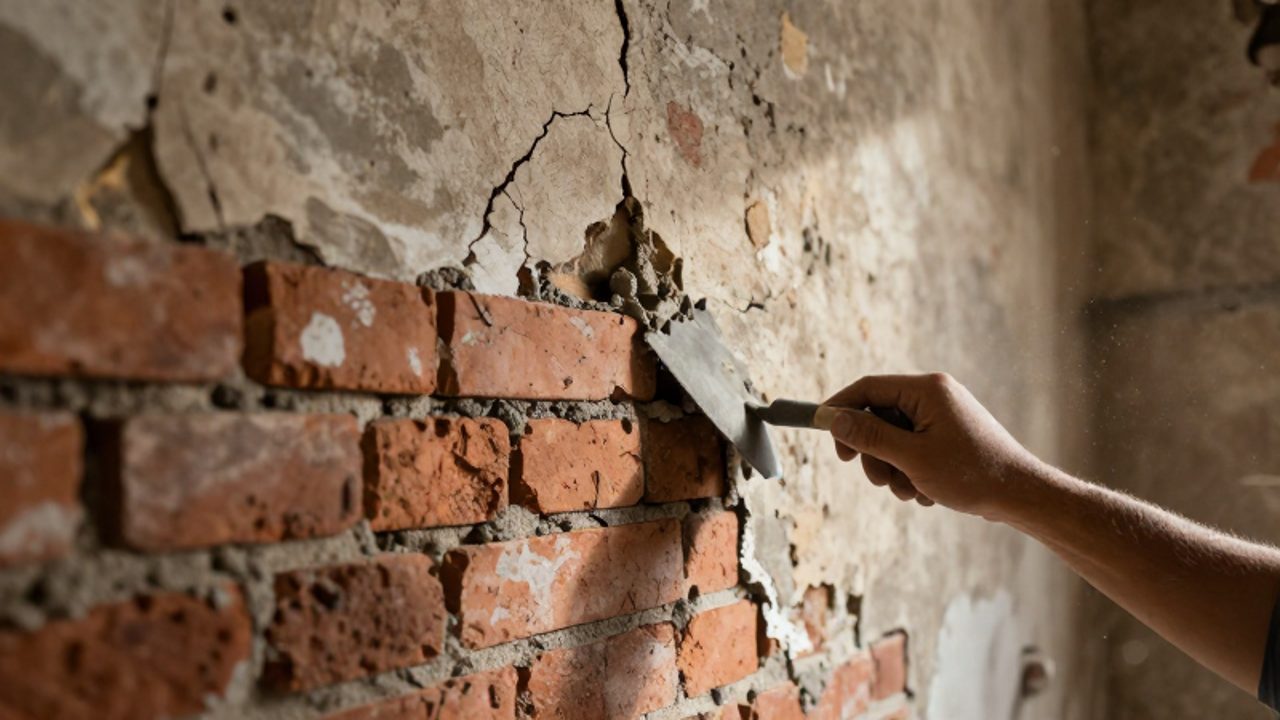 Ein Handwerker entfernt mit einem Spachtel mürben Mörtel aus einer beschädigten, historischen Backsteinwand mit Rissen und feuchten Stellen.