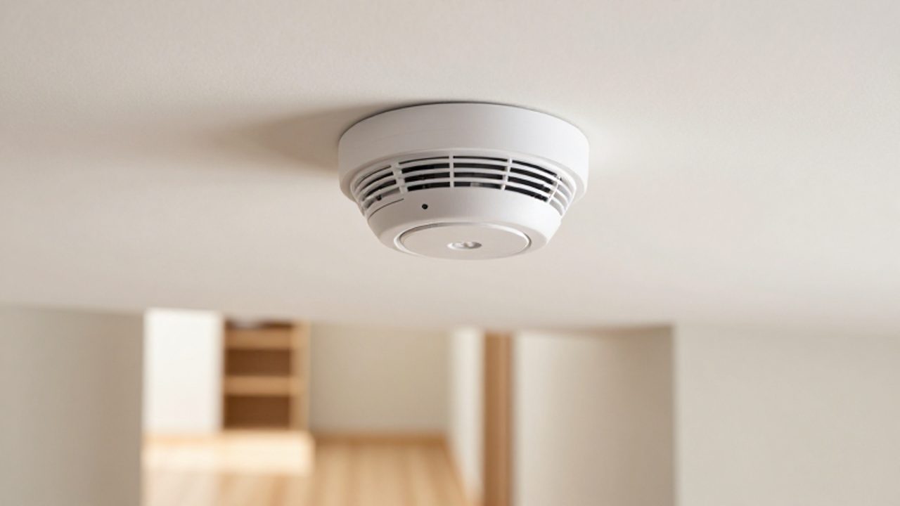 Ein weißer Rauchmelder ist an der hellen Decke eines gepflegten Flurs in einer Wohnung montiert.
