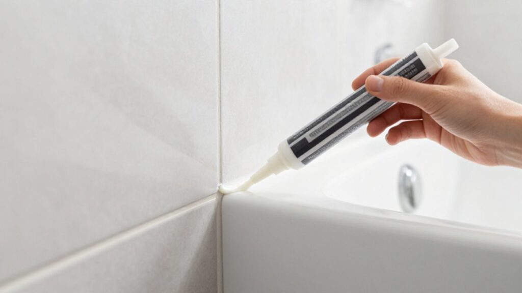 Eine Person trägt mit einer Silikonkartusche weißes Sanitärsilikon präzise in den Fugenbereich zwischen einer weißen Badewanne und hellgrauen Fliesen auf.
