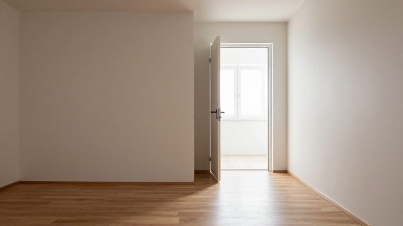 Ein heller, weitläufiger Flur in einem Wohnhaus mit freiem Boden und einem klaren, hindernisfreien Weg zu einer leicht geöffneten Ausgangstür.