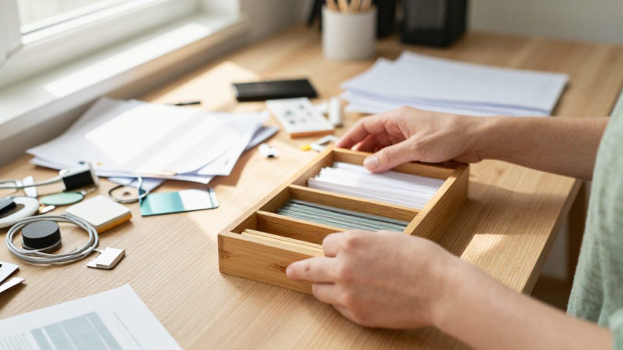 Hände ordnen lose Dokumente und Kabel auf einem Holztisch, indem sie diese von einem chaotischen Zustand in minimalistische Bambus-Organizer überführen.