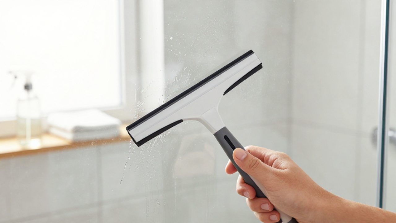 Eine Hand wischt mit einem Abzieher über eine gläserne Duschwand, um sie streifenfrei und sauber zu machen.