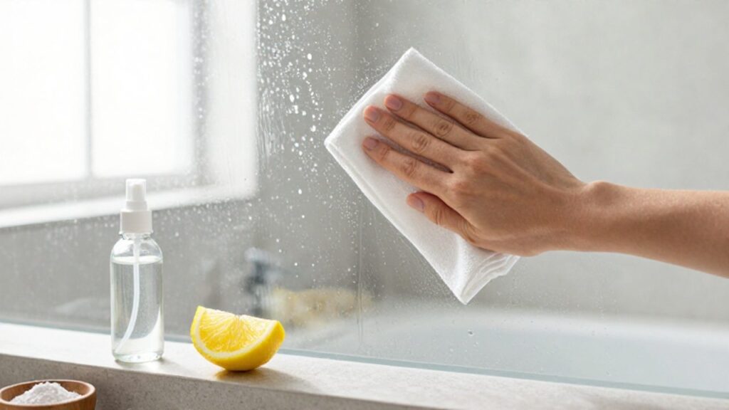 Eine Hand wischt mit einem Mikrofasertuch über eine Glasscheibe in einer hellen Dusche, während nebenan eine Sprühflasche, eine Zitronenscheibe und Zitronensäure bereitstehen.