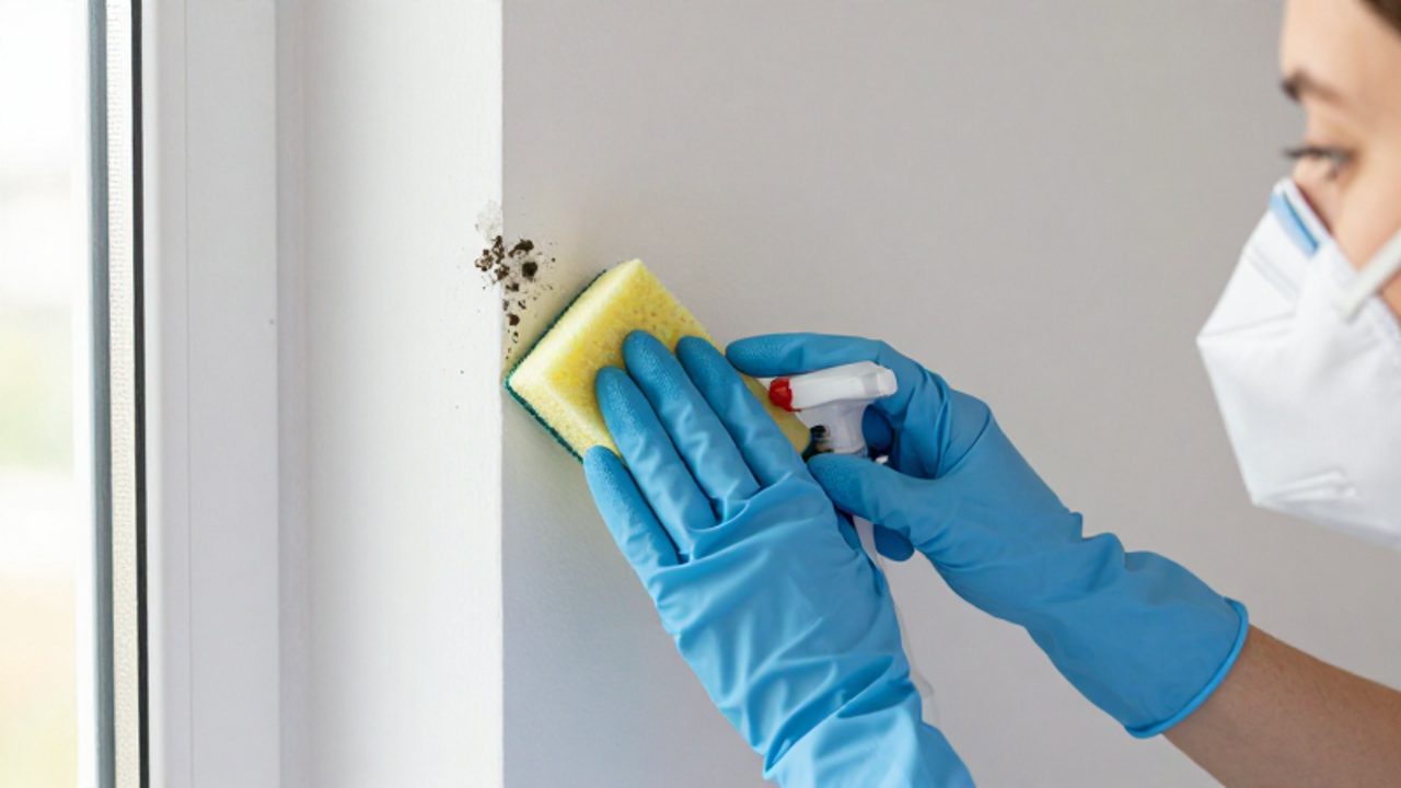 Eine Person mit blauen Schutzhandschuhen und einer FFP2-Maske entfernt mit einem Schwamm einen dunklen Schimmelbefall von einer weißen Wand.