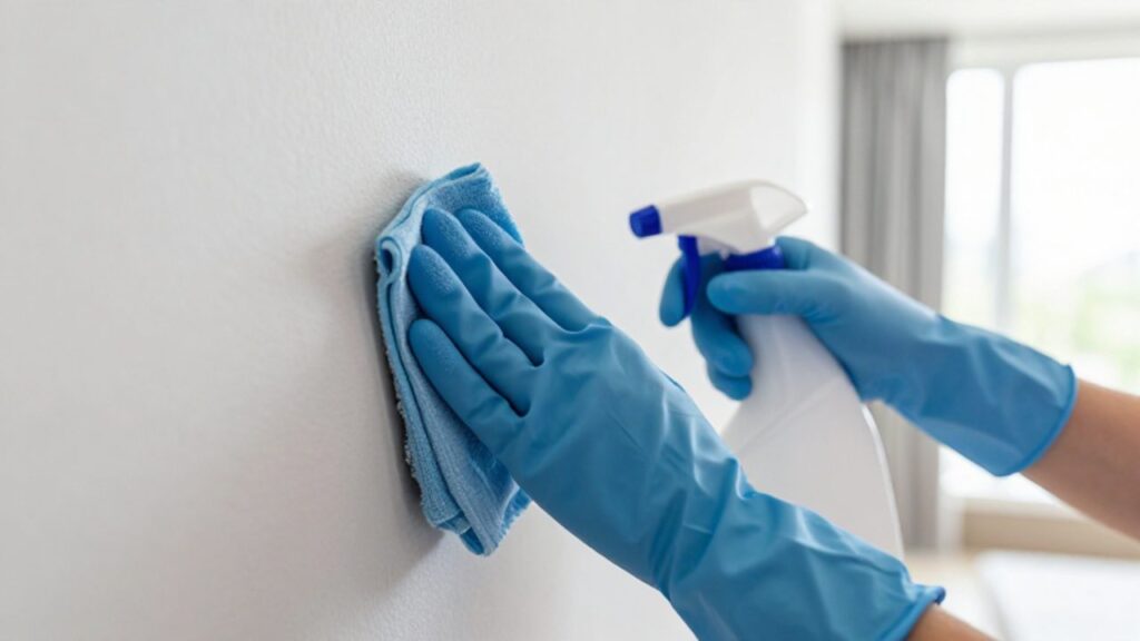Eine Person in blauen Schutzhandschuhen reinigt mit einem Tuch und einer Sprühflasche dunklen Schimmel von einer hellen Wandecke.