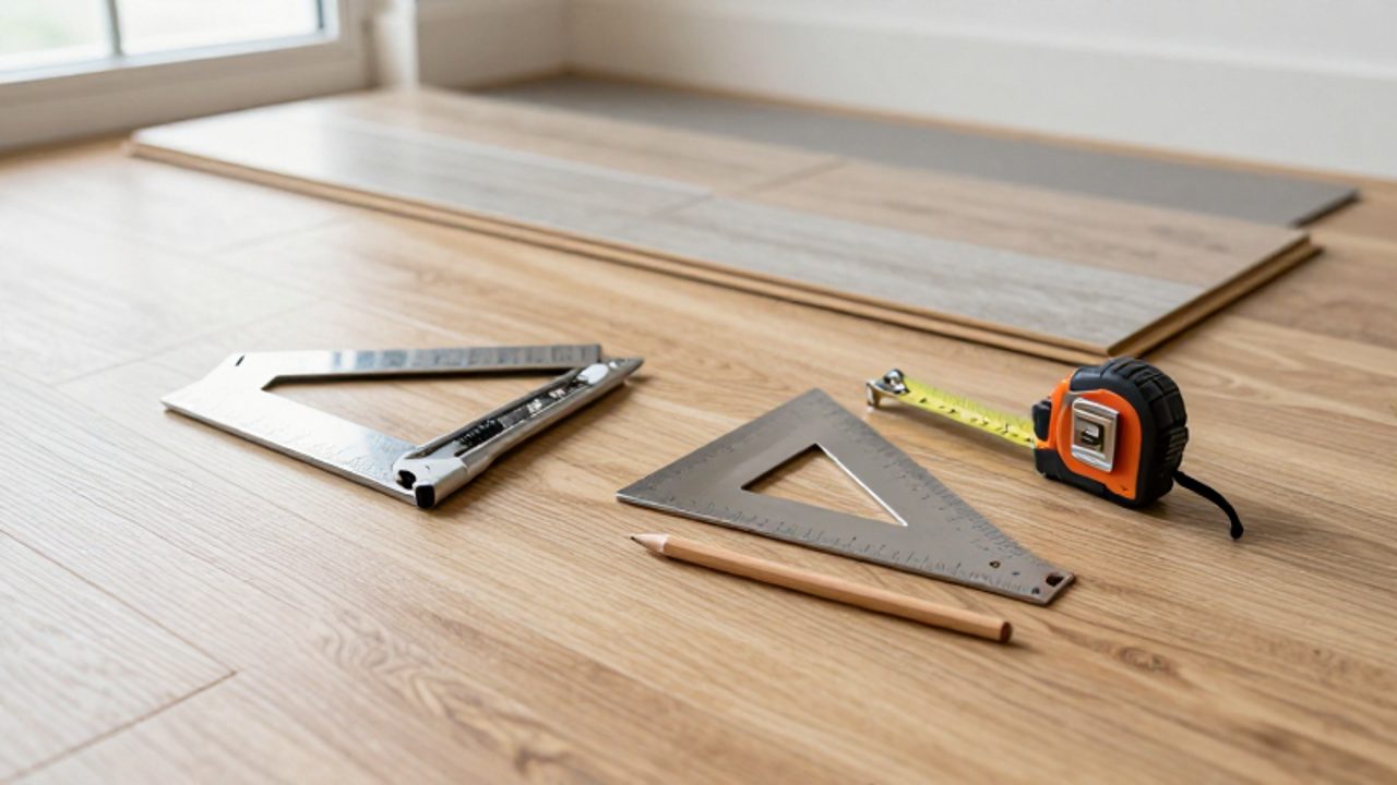 Verschiedene Werkzeuge wie ein Cuttermesser, ein Winkelmaß, ein Maßband und ein Bleistift liegen bereit auf einem bereits teilweise verlegten hellen Vinylboden in Eichenoptik.