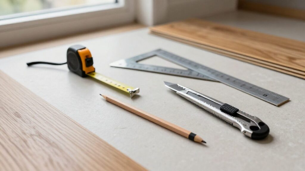 Auf einem hellen Untergrund liegen ordentlich sortiertes Werkzeug wie Cuttermesser, Maßband, Winkelmaß und eine Schneideschiene neben einigen Eichen-Vinylboden-Dielen.