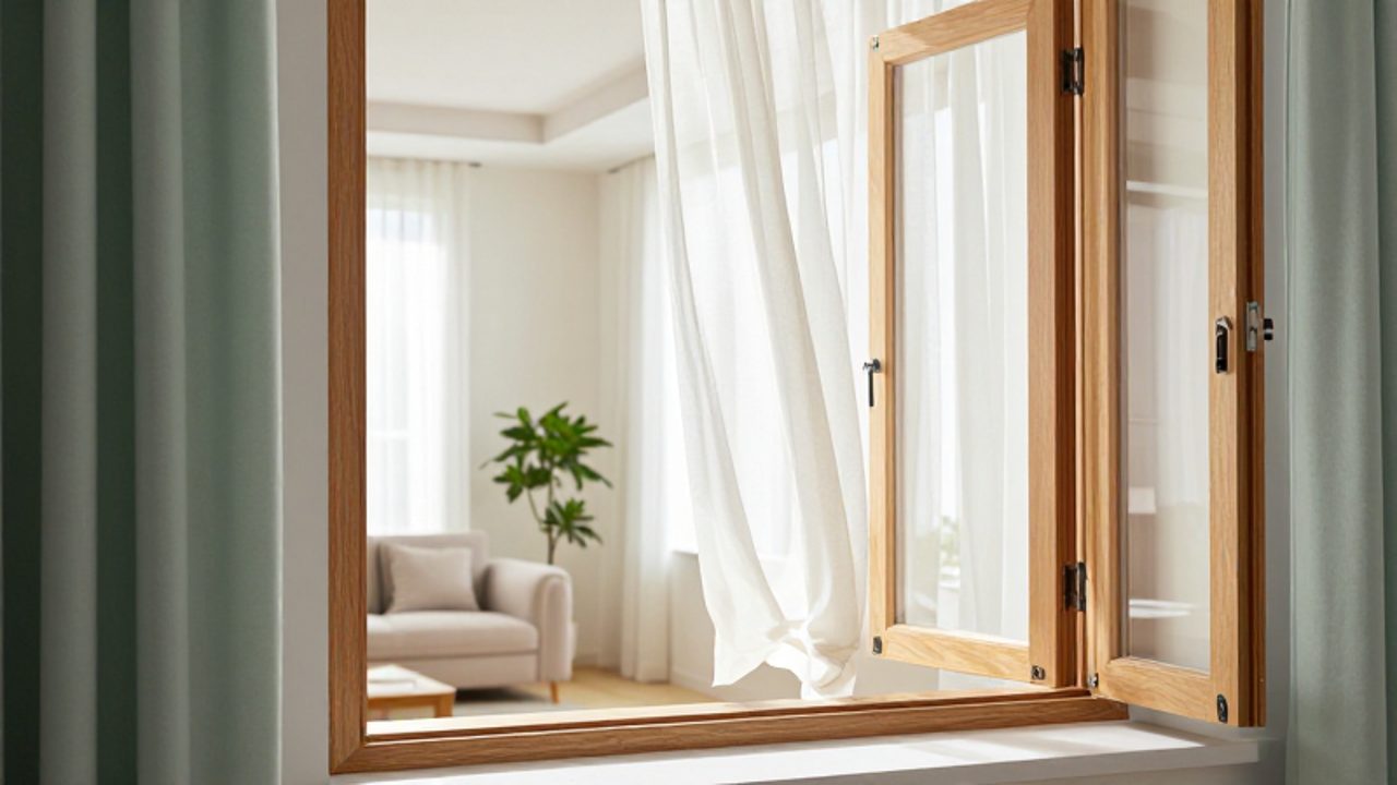 Ein weit geöffnetes Holzfenster lässt frische Morgenluft in ein helles, modern eingerichtetes Wohnzimmer.
