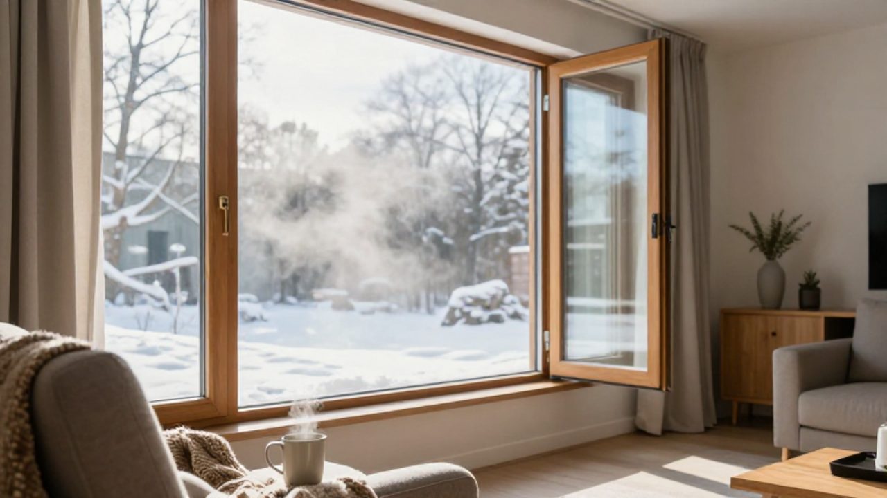 Ein weit geöffnetes Holzfenster lässt kalte Morgenluft in ein helles, warmes Wohnzimmer mit einem gemütlichen Sessel und einer dampfenden Tasse.