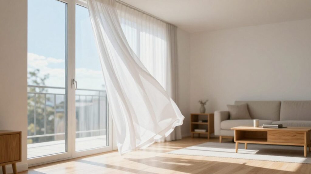 Ein weit geöffnetes Fenster in einem hellen Wohnzimmer lässt frische Luft herein, während ein leichter Vorhang im Wind weht.
