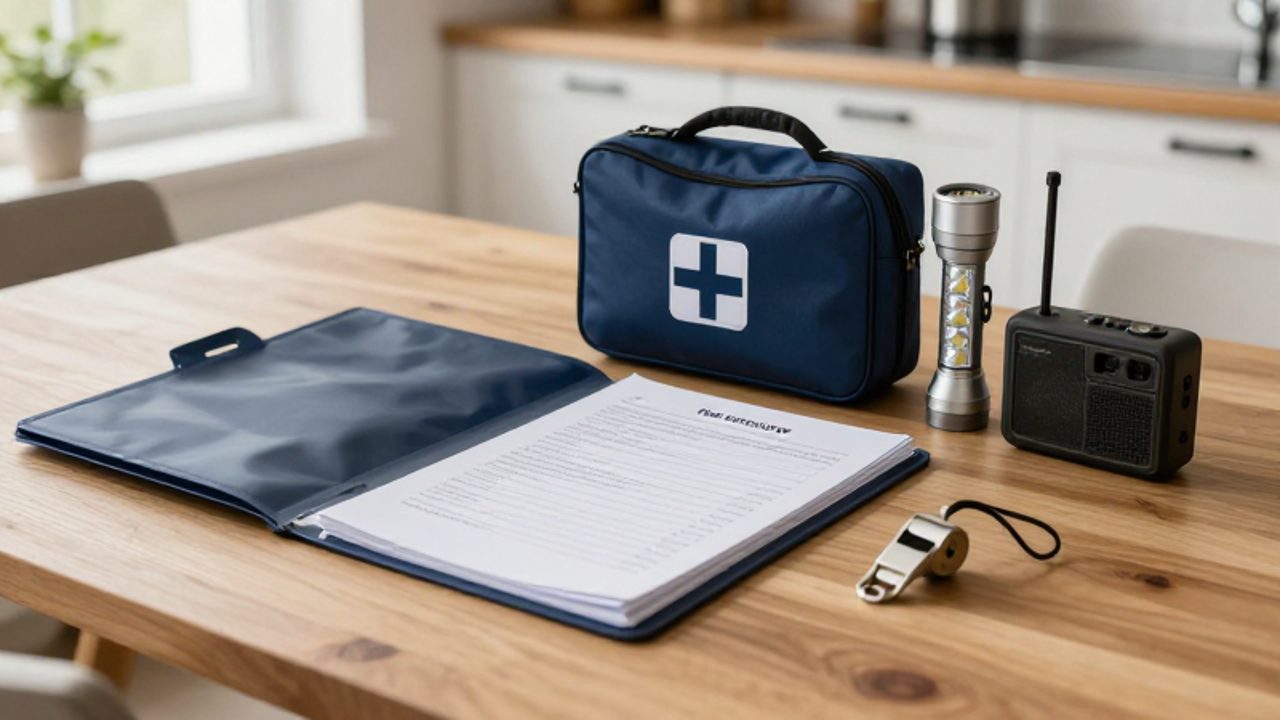 Ein gut organisierter Notvorratskoffer mit Erste-Hilfe-Set, Taschenlampe, Radio und Dokumentenmappe liegt bereit auf einem Küchentisch.