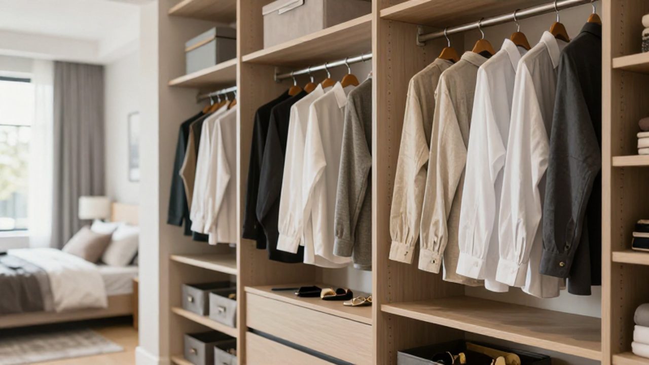 Ein perfekt organisierter begehbarer Kleiderschrank mit nach Farben und Typ sortierter Kleidung sowie ordentlich angeordneten Accessoires in Regalfächern.