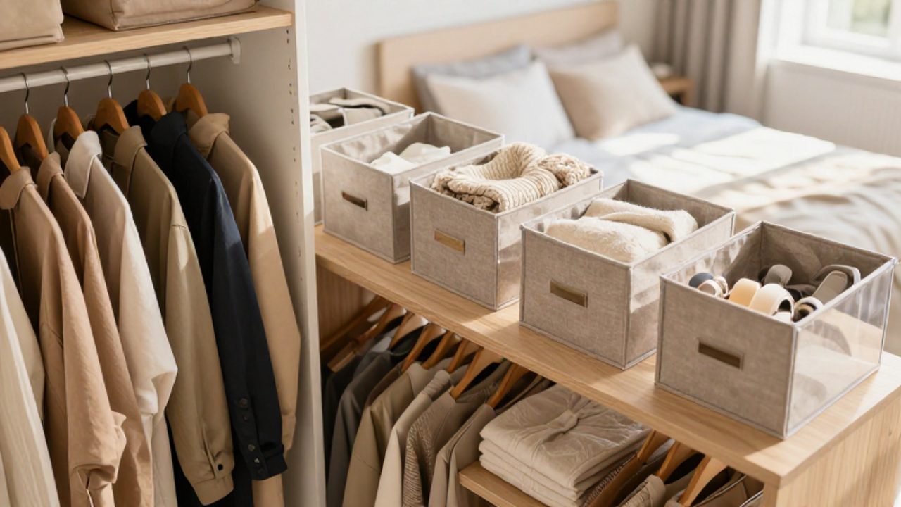 Ein ordentlich organisierter begehbarer Kleiderschrank mit nach Farben sortierter Kleidung auf Holzbügeln und strukturierten Aufbewahrungsboxen auf einem Regal.