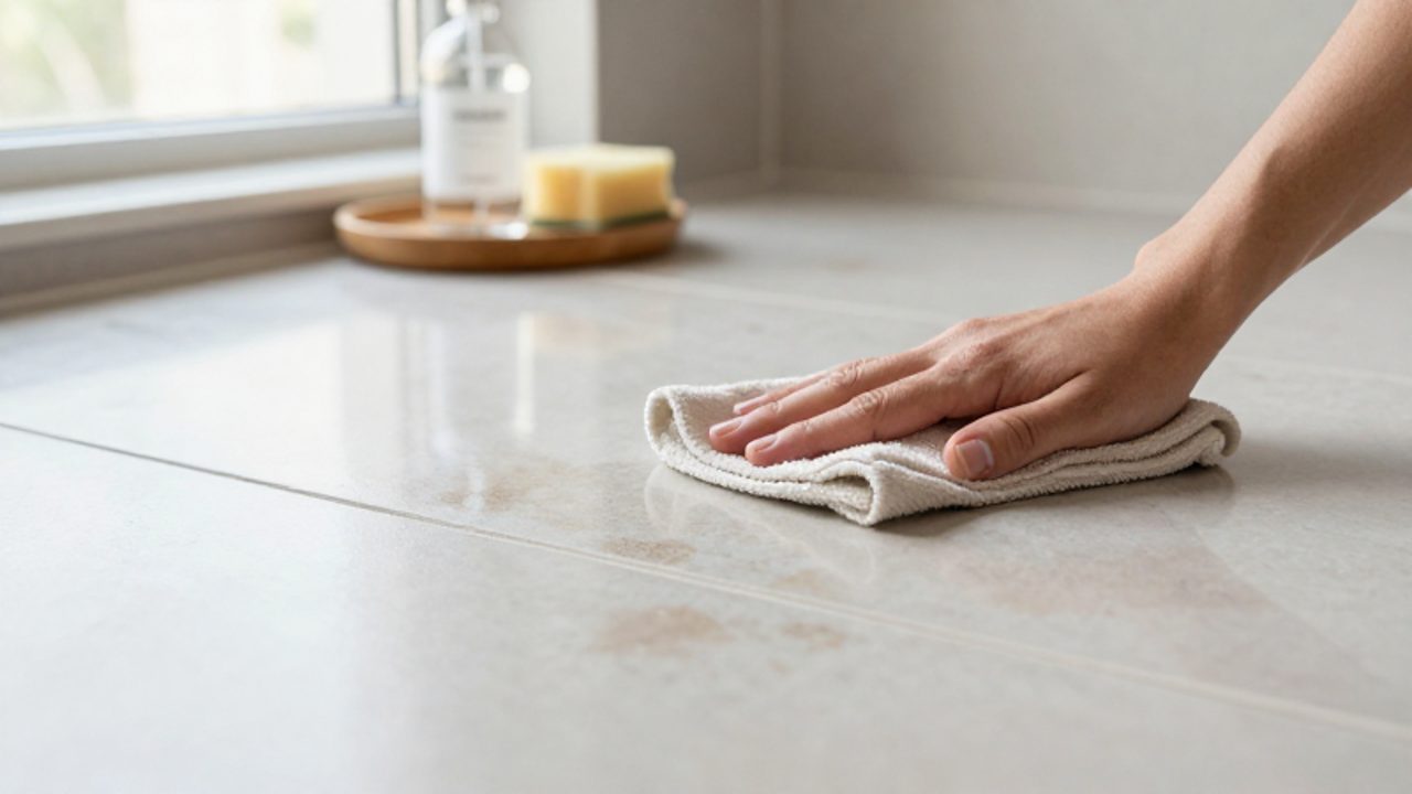 Eine Hand wischt mit einem Mikrofasertuch über eine glänzende Fliese in einem hellen Badezimmer, wobei der Kontrast zwischen der verschmutzten und der frisch gereinigten Fläche deutlich wird.