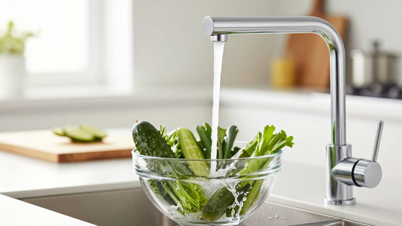 Ein Wasserstrahl aus einem modernen Küchenwasserhahn fließt kontrolliert in eine Schale mit frischem grünem Gemüse.