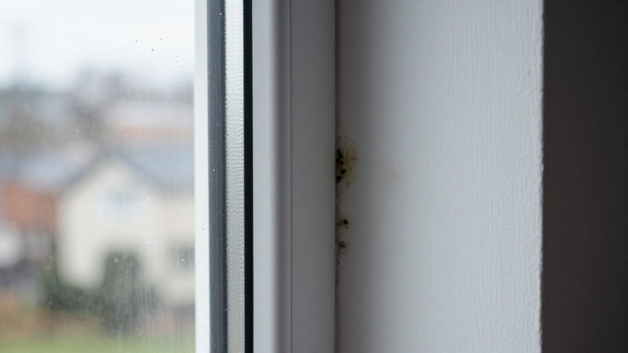 Feuchte Stellen und beginnender Schimmel bilden sich in der Ecke einer weißen Wand direkt am Fensterrahmen.