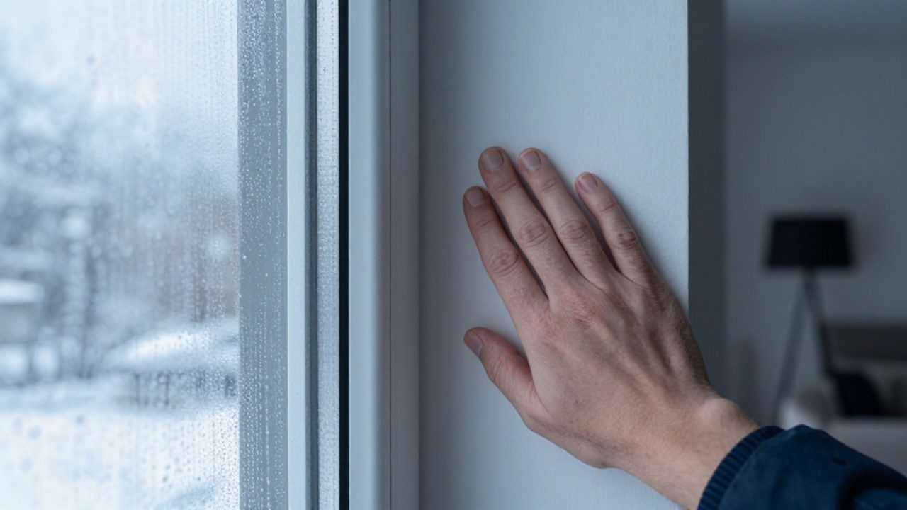 Eine Hand prüft eine kalte Wandecke neben einem beschlagenen Fenster auf Feuchtigkeit und Temperatur.