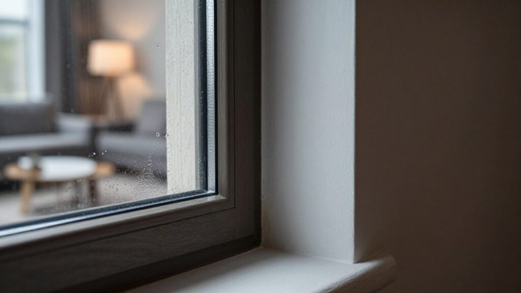 Kondenswasser bildet sich an der Ecke eines Holzfensterrahmens und auf der angrenzenden hellen Innenwand.