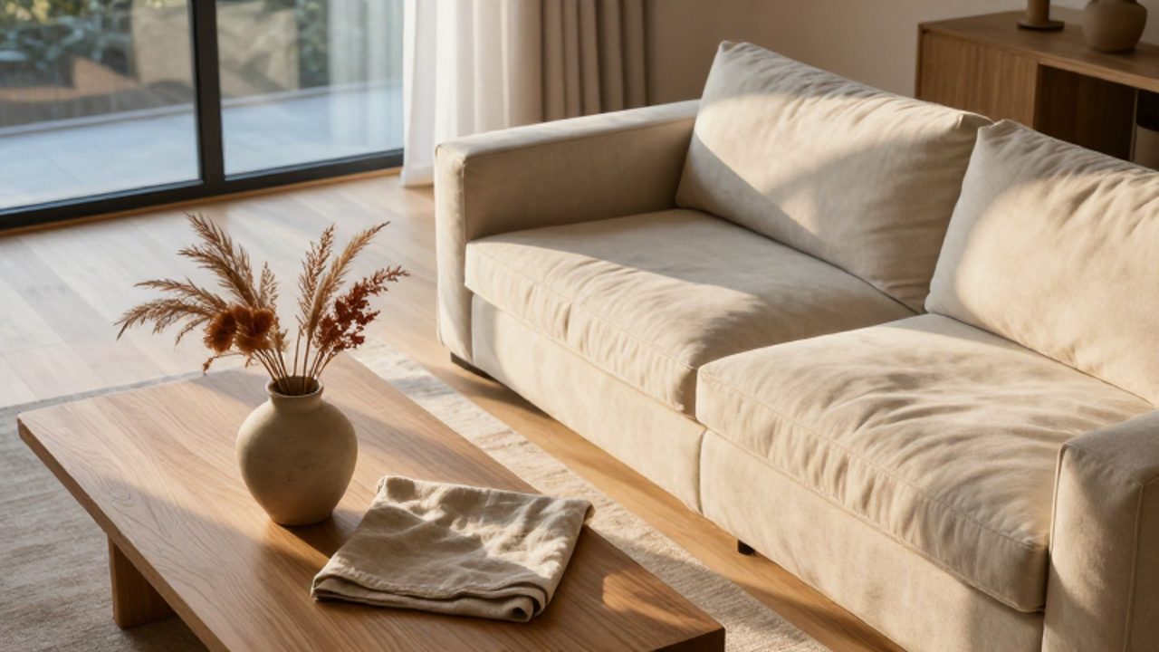 Warmes Sonnenlicht fällt durch ein Fenster in ein modernes Wohnzimmer mit beigem Sofa und hellem Holzboden, wobei ein Teil des Raumes in kühlem Schatten liegt.