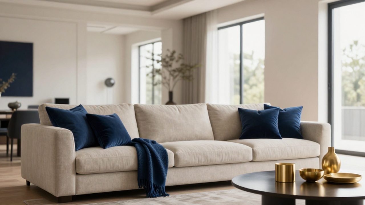 Ein modern eingerichtetes Wohnzimmer zeigt die Anwendung der 60-30-10-Farbregel mit einem beigen Sofa, dunkelblauen Akzenten und goldenen Dekorationsobjekten in hellem, natürlichem Licht.