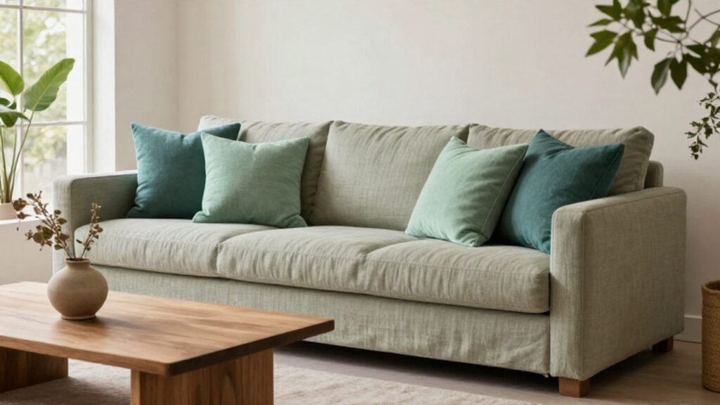 Ein helles, modernes Wohnzimmer zeigt eine harmonische Farbkombination aus Salbeigrün, sanftem Blaugrün und warmem Beige, wobei ein stilvolles Leinensofa mit verschiedenen grünen Kissen im Zentrum steht.