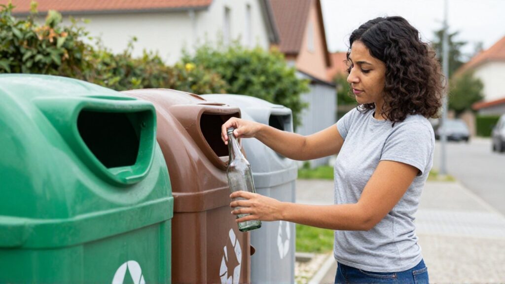 Eine lateinamerikanische Frau wirft eine Glasflasche in einen weißen Altglascontainer in einer Wohngegend.