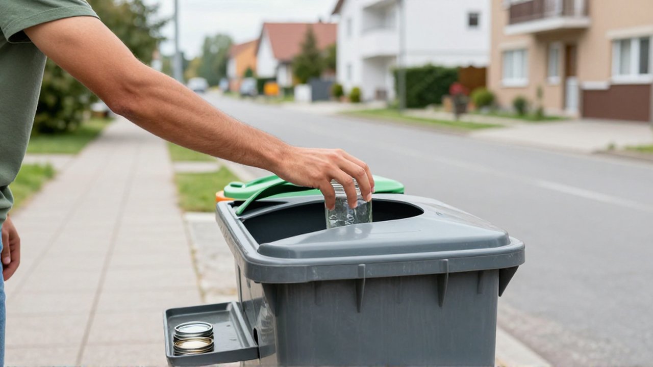 Eine lateinamerikanische Person wirft ein leeres Glasglas in einen öffentlichen Recyclingcontainer in einem Wohnviertel.