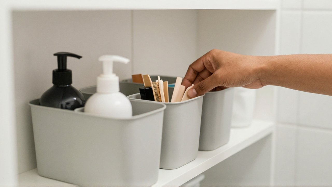 Eine Hand ordnet neutralfarbene Kunststoffboxen mit Haarpflege- und Nagelpflegeprodukten auf einem weißen Badezimmerregal.