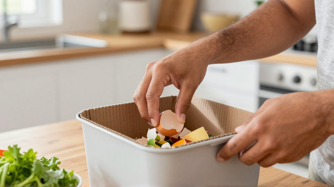 Eine lateinamerikanische Person gibt Obstreste und Eierschalen in einen Komposteimer auf einer Holzarbeitsplatte.