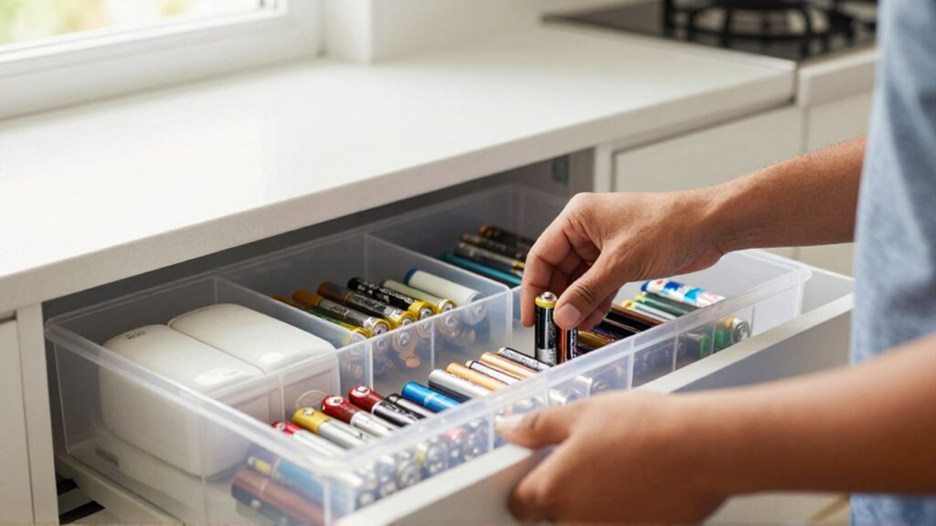 Eine lateinamerikanische Person sortiert verschiedene Haushaltsbatterien und kleine Elektronikgeräte in einen durchsichtigen Kunststoffbehälter.