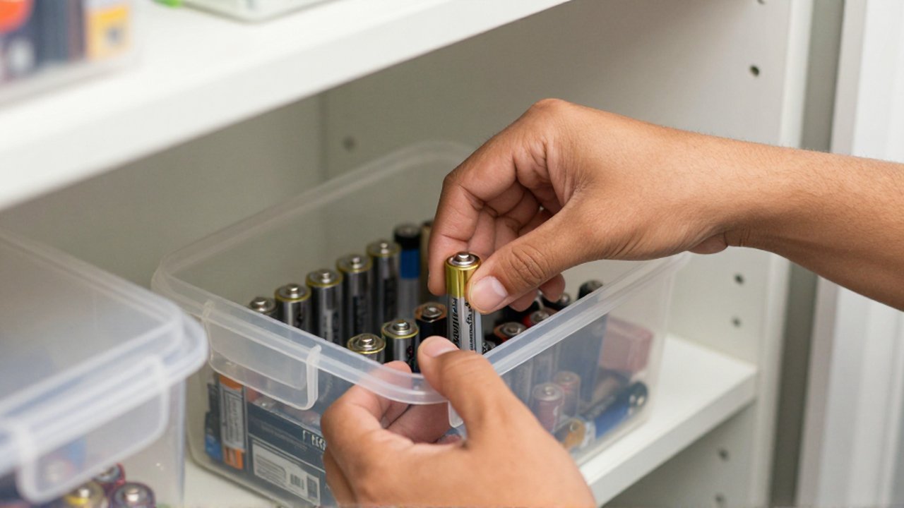 Eine lateinamerikanische Person legt vorsichtig verschiedene Haushaltsbatterien in einen durchsichtigen Kunststoffbehälter in einem Vorratsschrank.