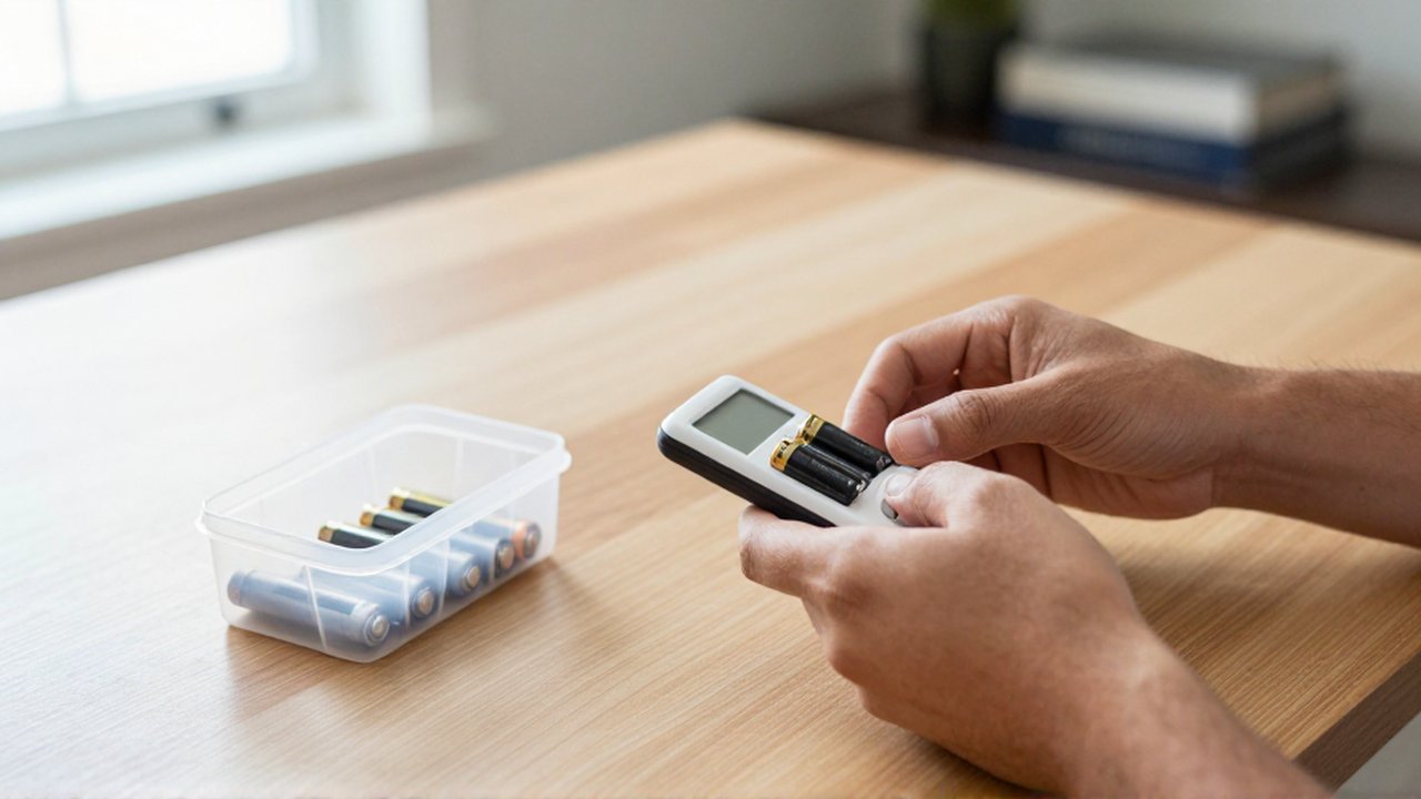 Eine Person nimmt vorsichtig Batterien aus einem elektronischen Handgerät auf einem hellen Holztisch heraus.