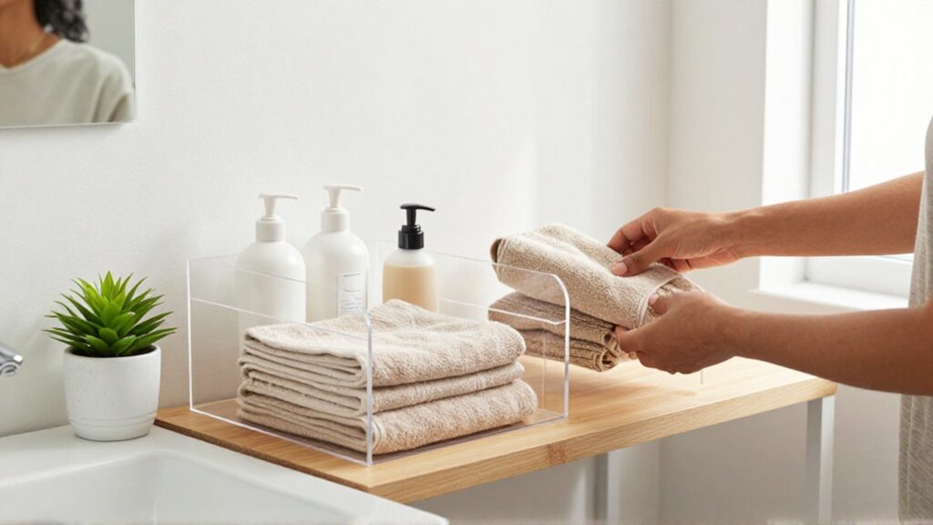 Eine lateinamerikanische Person ordnet Toilettenartikel und beige Handtücher in einem hellen