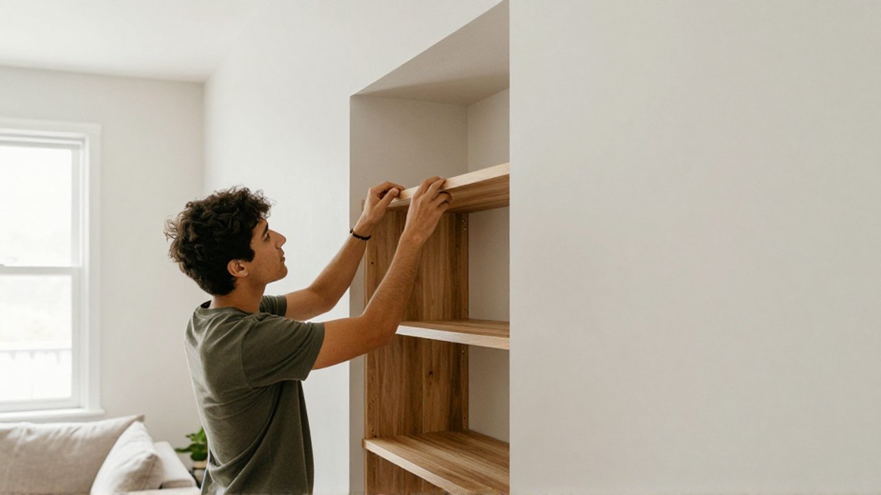 Eine lateinamerikanische Person stellt ein modulares Regalsystem in eine schmale Wandnische eines hellen Wohnzimmers.