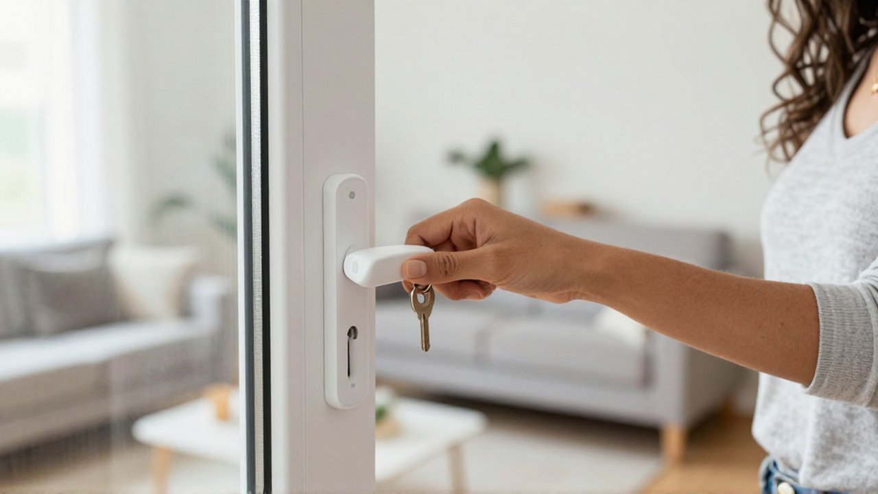 Eine lateinamerikanische Frau schließt in einem hellen Wohnzimmer einen weißen Fenstergriff mit einem Schlüssel.