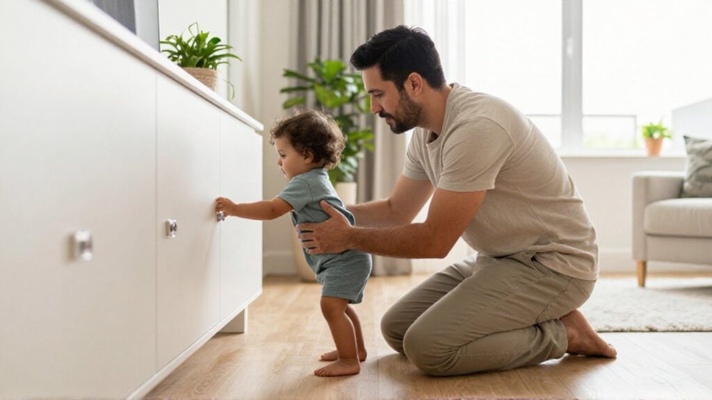 Ein lateinamerikanischer Vater kniet auf einem Holzboden und führt sein Kleinkind von einem Schrank mit Sicherheitsverschlüssen weg.