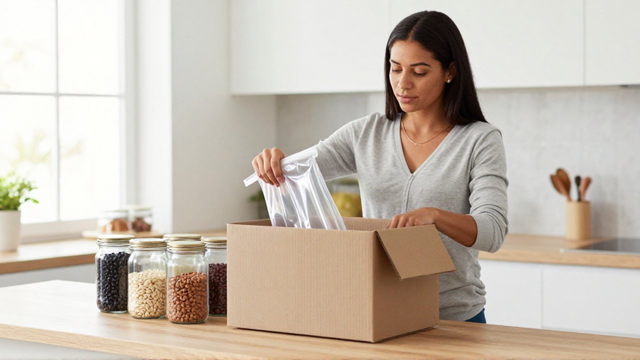 Eine lateinamerikanische Frau trennt in einer modernen Küche Karton von Plastik für verschiedene Recyclingbehälter.